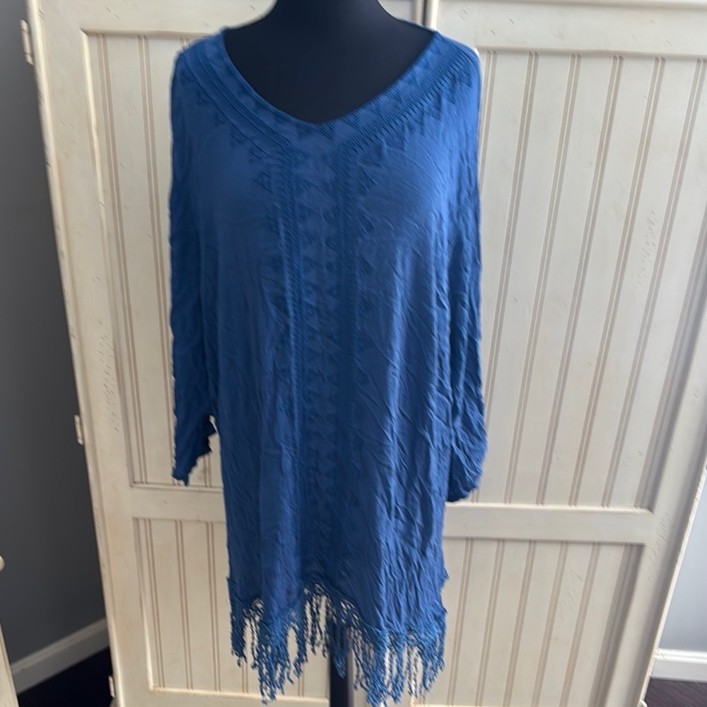 Soft Surroundings Blue Pullover‎ Light Weight Fringed Top